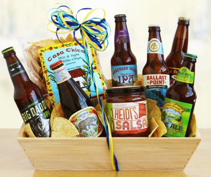 Gift basket with tortilla chips, beer and salsa