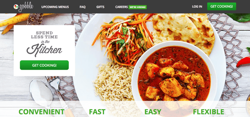 Gobble Website Screenshot showing a curry with bread, rice and a salad