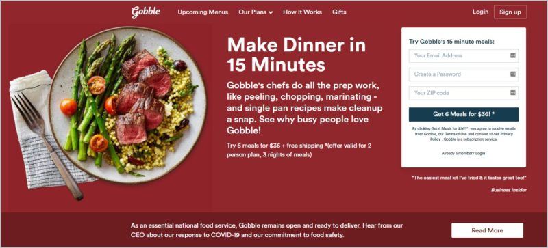 screenshot of Gobble homepage with an image of a beautifully plated dish with a fork and napkin beside it, on a maroon background