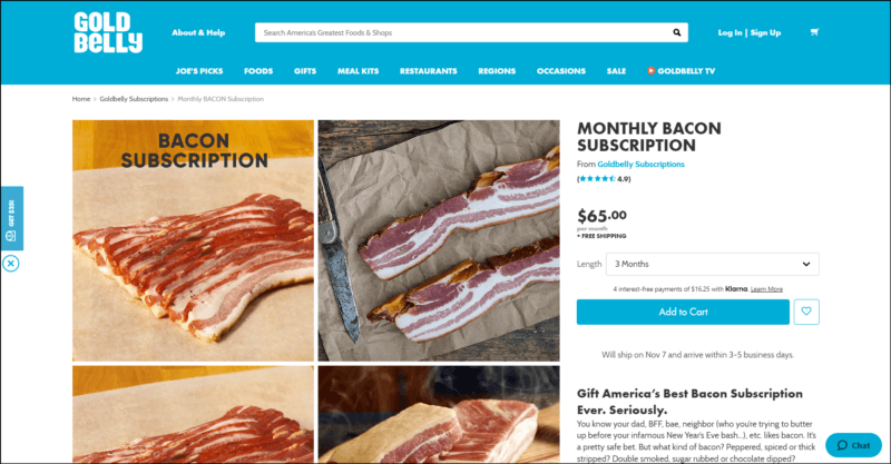 screenshot of Gold Belly Monthly Bacon Subscription's web page with sky blue header with the website's name, search bar, and navigation menu, underneath it is the white main content with the information regarding the bacon subscription along with images of bacon