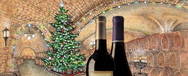 2 bottles of wine against an illustrated cellar background