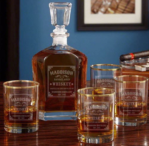 Gold Rimmed Stillhouse Decanter Set | Food For Net Whiskey decanter with four whiskey glasses and a cigar