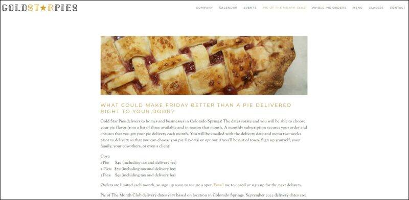 screenshot of Gold Star Pies Pie of the Month Club's web page, simple white page with the website's name on top along with the main menu, underneath it is a picture banner of a close up image of a pie, page is showing the details of the pie subscription plans