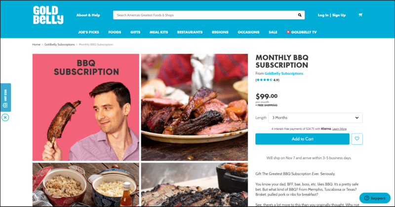 screenshot of Goldbelly Monthly BBQ Subscription's web page, with sky blue header with the website's name/logo, search bar, and navigation menu, the white main content area shows details of the BBQ subscriptions accompanied by bbq images and a man holding a bbq