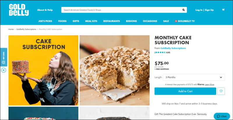 screenshot of Goldbelly Monthly Cake Subscription's web page with a light blue header bearing the website's name, search bar, and main navigation menu, the main content area that is mainly white bears the details of the cake subscriptions plan along with a few images of cakes and a woman holding a cake