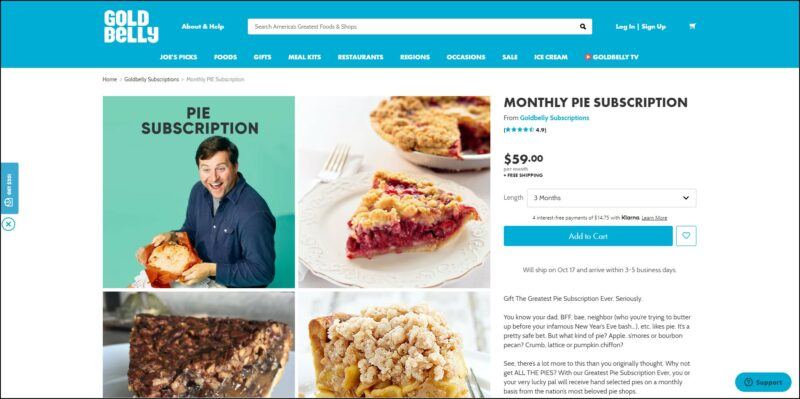 screenshot of Goldbelly Monthly Pie Subscription's web page, sky blue header bearing the website's name, main menu and search bar, the page is showing details of the subscription accompanied by pictures of different pies