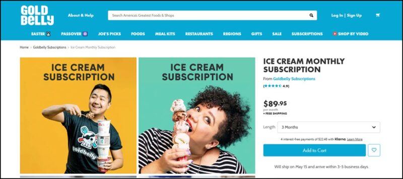 screenshot of Goldbelly Ice Cream Monthly Subscription's web page, with a blue header with the website's name/logo, search bar, and main navigation menu, main content area shows images of people eating ice cream along with details of the ice cream subscription plans