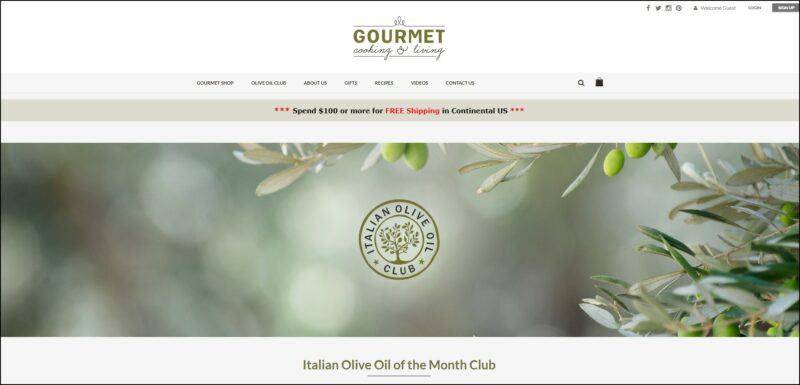 screenshot of Gourmet Cooking & Living Italian Olive Oil of the Month Club's web page, a dominantly white page with the website's name on top followed by the main menu, the page displays a wide image banner with the company's logo