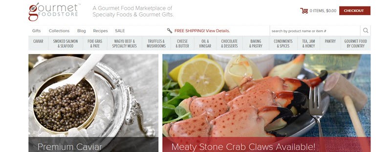 Gourmet Food Store Website Screenshot showing caviar, salmon and variou menus