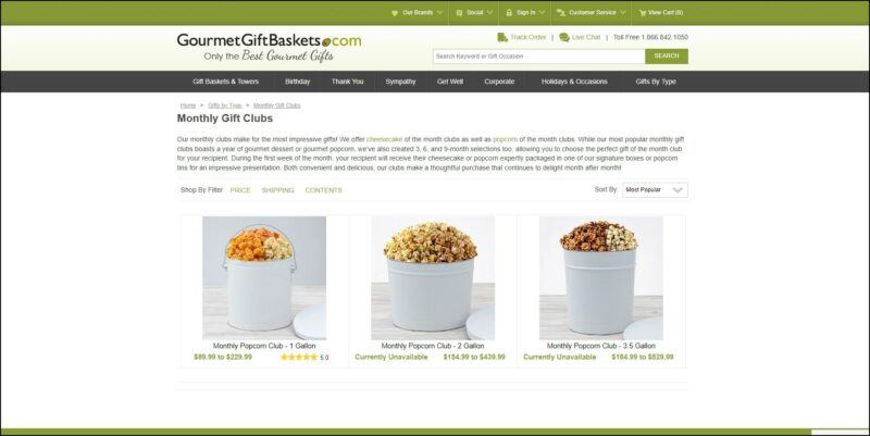Gourmet Gift Baskets.Com Monthly Popcorn Club | Food For Net screenshot of Gourmet Gift Baskets.Com Monthly Popcorn Club's web page, with an apple green announcement bar on top followed by a cream-colored header bearing the website's name and search bar, underneath is the main menu in dark green background, the page is showing the different subscription plan available accompanied with images of popcorn in white tin buckets
