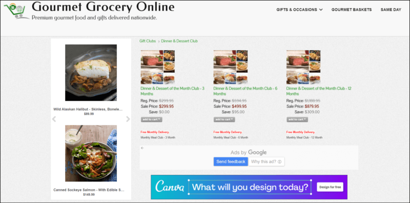 screenshot of Gourmet Grocery Online Dinner of the Month's web page, with dominantly white page with the website's name on top along with the main navigation menu, the main content area shows details of the different dinner club subscription