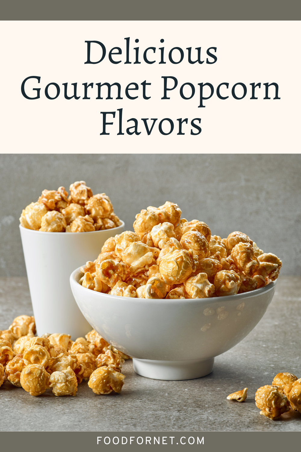 A white dish and a tall container filled with one of many gourmet popcorn flavors