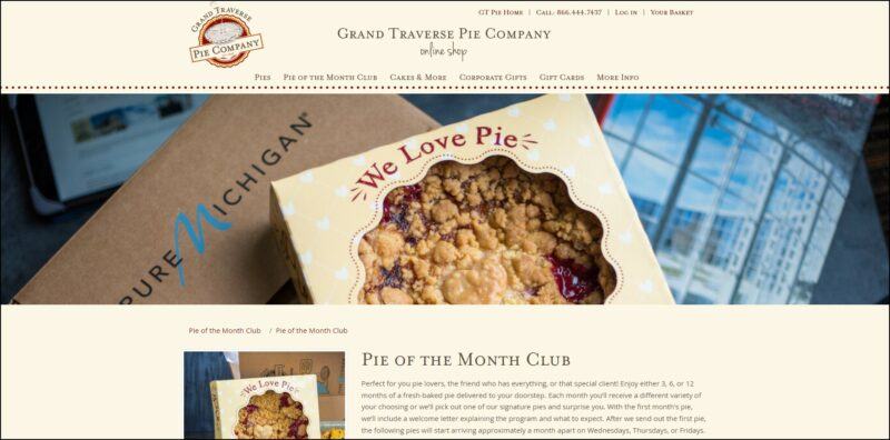 screenshot of Grand Traverse Pie Company Pie of the Month Club's web page, mainly light beige colored page with the website's name on top followed by the main menu, the page is showing the information about the subscription