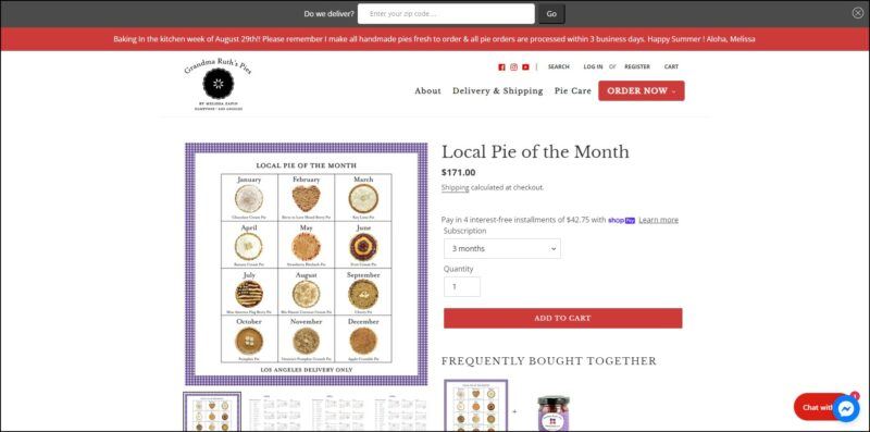 screenshot of Grandma Ruth’s Pies Local Pie of the Month's web page, with a black and red announcement bar on  top, page is mainly white with an image of the different pies for the different months of the year and the other information about the pie subscription