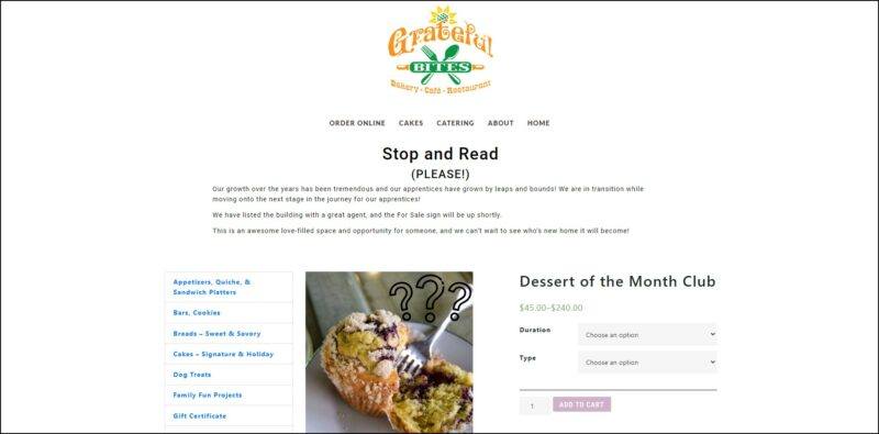 screenshot of Grateful Bites Dessert of the Month Club's web page, dominantly white page with the website's logo on top with the main menu underneath it, there is a sidebar bearing the different types of desserts, the page shows the details of the dessert subscription accompanied by an image of a dessert