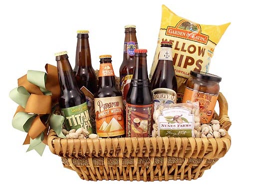 6 different craft beers and various snacks in a basket.