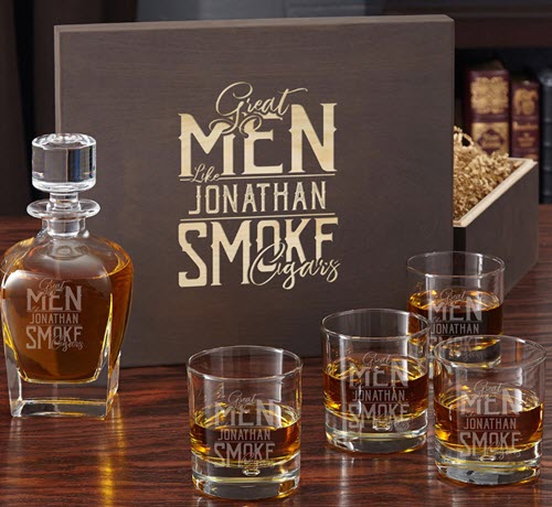 Great Men Smoke Cigars Set | Food For Net A wooden table with whiskey glasses and a decanter