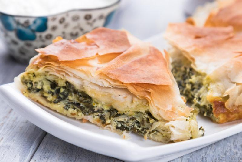 Spanakopita, Greek spinach pie on a white plate