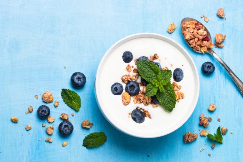 A bowl filled with Greek yogurt with granola and blueberries on top, against a blue background