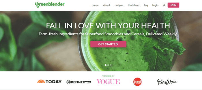 Green Blender website screenshot showing a macro shot of a glass with a green smoothie and a mint leaf.