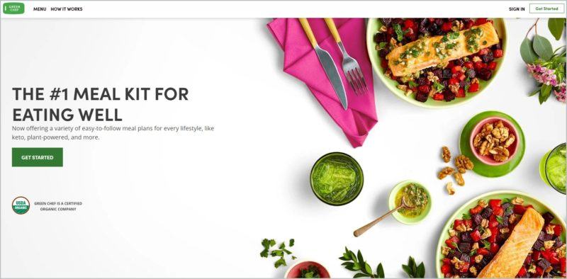 screenshot of Green Chef homepage with images of a couple of beautifully plated salmon dish, with small bowls with nuts, sauce, and dip; knife and fork on top of a pink table napkin