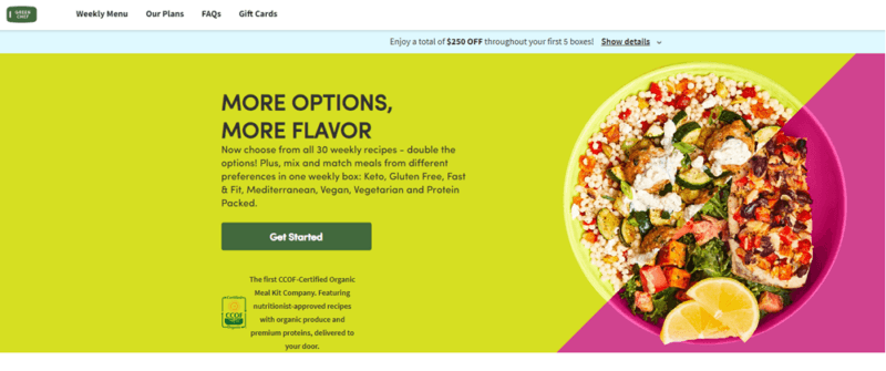 A green and pink website with a meal from Green Chef displayed next to text about the service