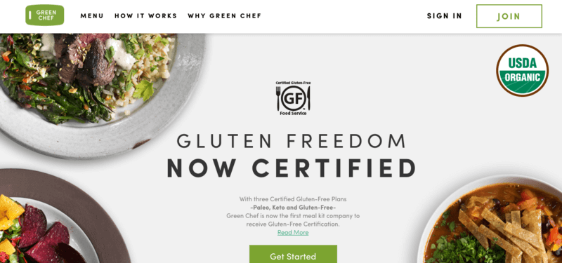 Green Chef website screenshot showing three plates of food with healthy and organic ingredients