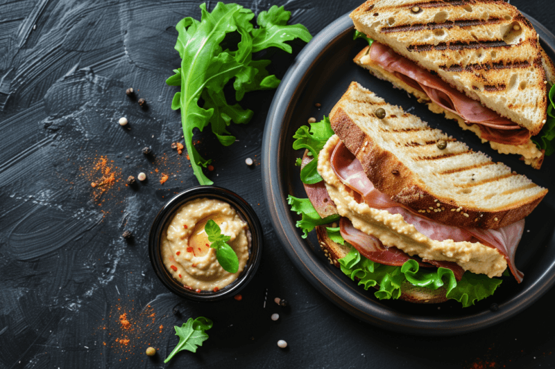 A gray table with a black plate containing two grilled sandwiches, plus a very small dish of hummus