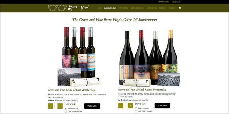 screenshot of Grove and Vine Extra Virgin Olive Oil Subscription's web page, with mainly white page with black and olive green header bearing the website's name and main header, the page displays the details of the olive oil subscriptions with a couple of images of the different bottles of olive oil