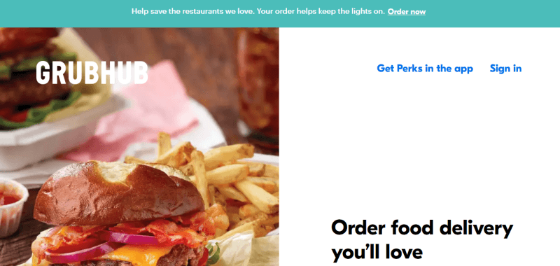 Grubhub Website Screenshot showing an image of dinner next to a white page