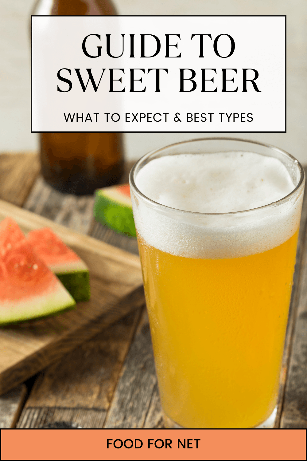 A pint glass with sweet fruity beer, with a board and watermelon off to one side