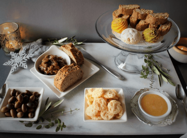 A selection of Italian food and snacks on a white tablecloth