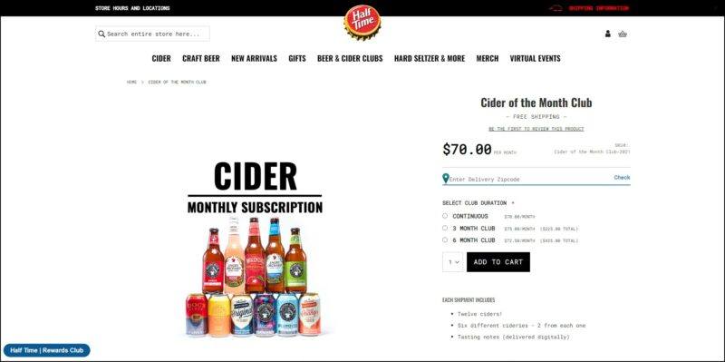 screenshot of Half Time Cider of the Month Club's web page, dominantly white page with black announcement bar on top followed by the website's logo and main menu, the page is showing the details of the cider subscriptions accompanied by an image of different cider bottles and cider in cans.