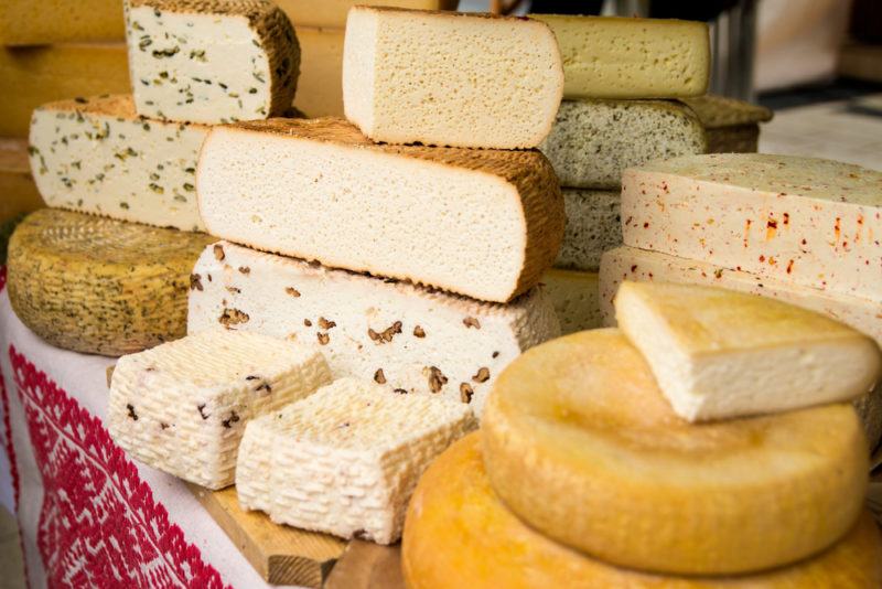 Handmade local cheese assortment, on a fair of traditional products, in Miercurea-Ciuc, Harghita, Romania