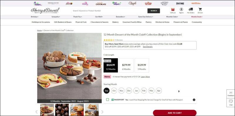 screenshot of Harry & David 12-Month Dessert of the Month Club's web page, dominantly white page with the website's name on top, underneath it is the main menu, the page shows the details of the dessert subscription plans