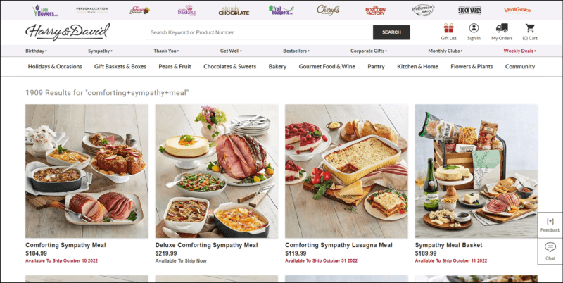 screenshot of Harry and David's web page, mainly white page with the website's name and navigational menu on top followed by different images of the dinner gift or basket available