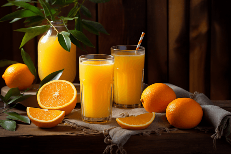 Two glasses containing a Harvey Wallbanger cocktail on a table with oranges, a bottle of orange juice, and some leaves