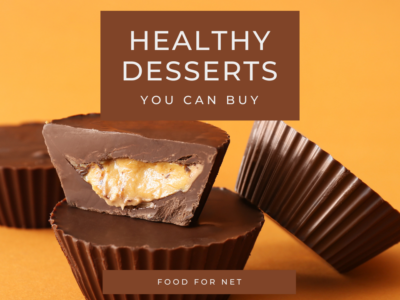 An orange background with peanut butter cups, highlighting healthy desserts you can buy