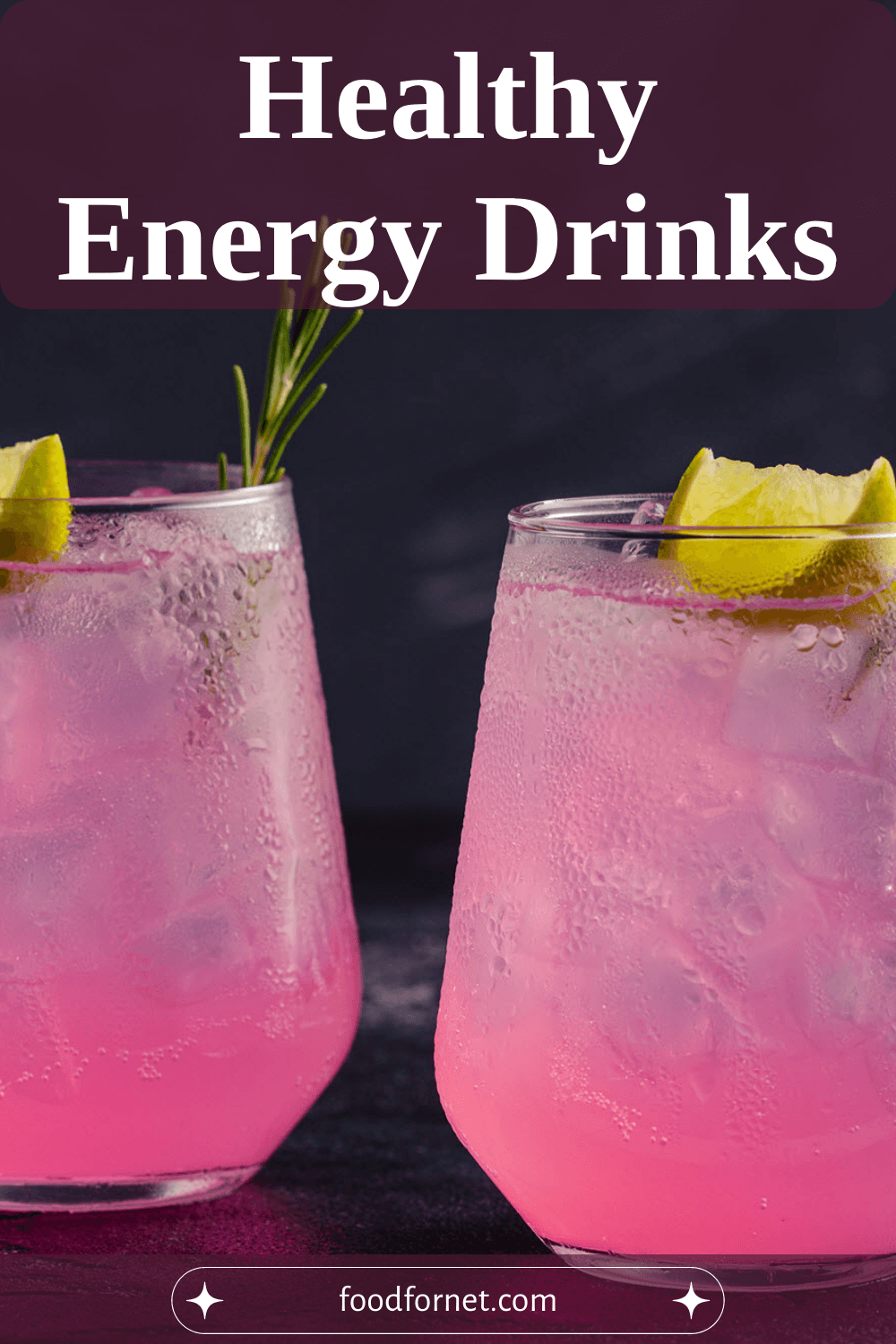 Two pink drinks with ice and lemon that are examples of healthy energy drinks