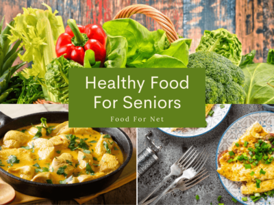 A selection of healthy foods for seniors, including chicken coconut stew, an omelet, and fresh fruit and vegetables