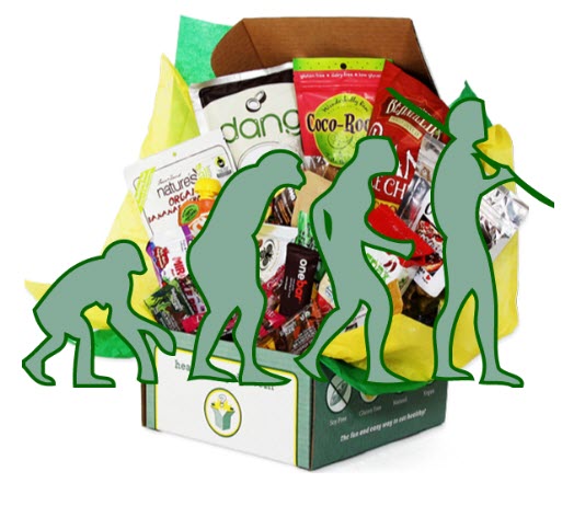 A green box with goodies and images of a paleo man