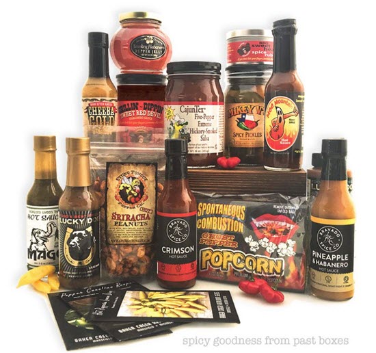 A large selection of hot sauces and other spicy foods