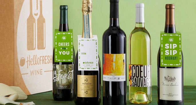 A selection of 5 bottles of wine and a HelloFresh wine box