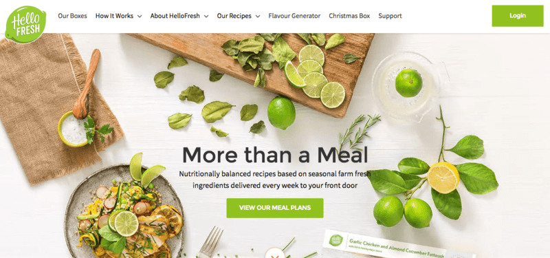 hello fresh website screenshot showing a chicken dinner, many limes, a breadboard and a brown sack