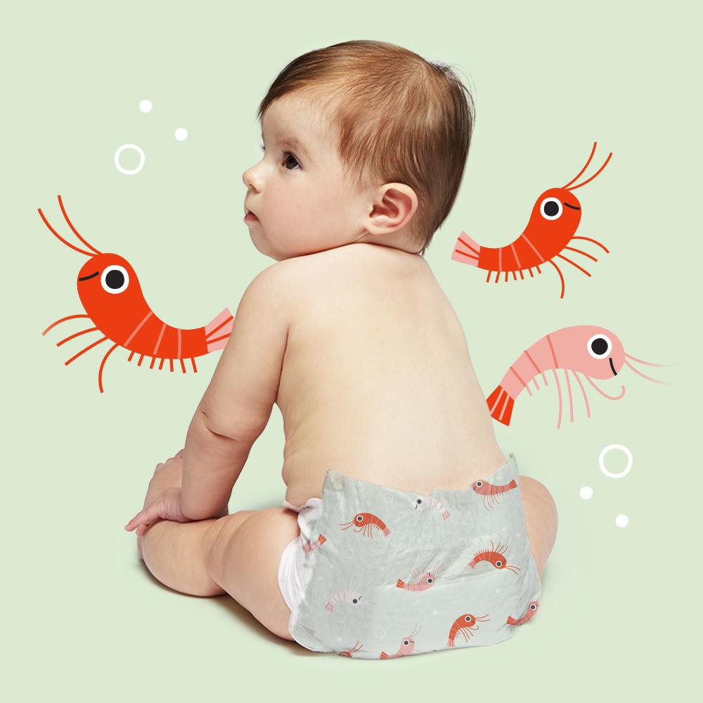 Baby sitting its back to the camera wearing a diaper with cartoon shrimp, the background is light green with larger versions of cartoon shrimp