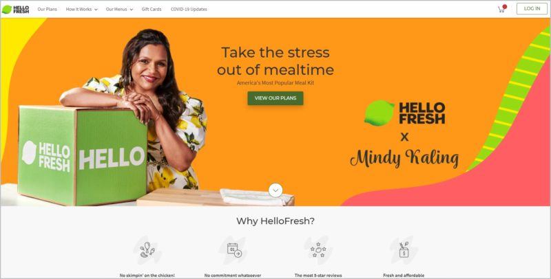 screenshot of HelloFresh homepage showcasing Mindy Kaling with a HelloFresh box