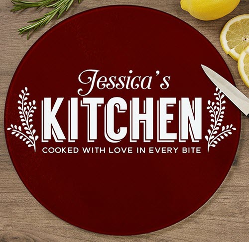 Her-Kitchen-Round-Glass-Cutting-Board | Food For Net Round cutting board that says Jessica's Kitchen