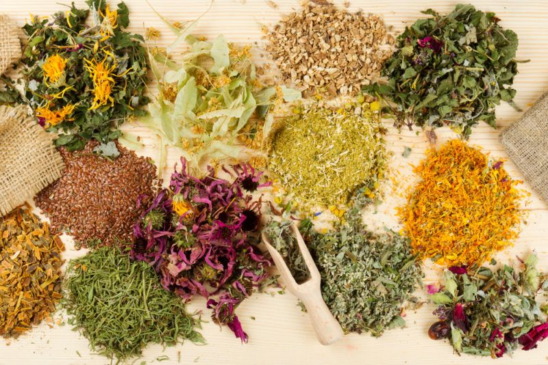 Various herbal teas on a table