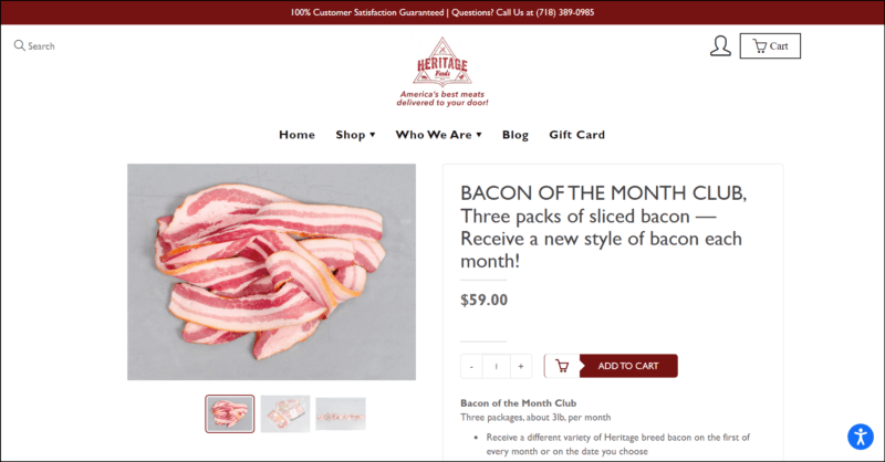 screenshot of Heritage Foods Bacon of the Month Club's web page with maroon announcement bar on top followed by the website's name/logo and main navigation menu, the page mainly displays the details of the bacon club subscription along with an image of raw bacon