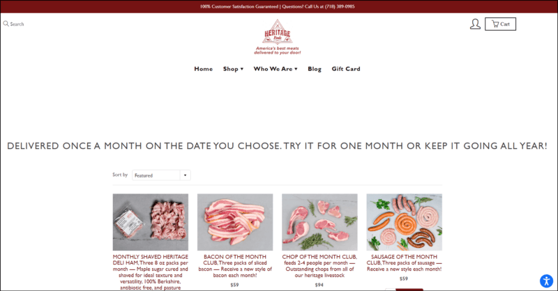 screenshot of Heritage Foods Monthly Subscriptions' dominantly white image with dark red announcement bar on top, followed by the website's logo/name and navigation menu, the main content area shows information about the monthly meat subscriptions accompanied by images